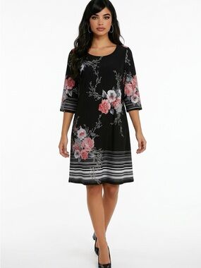 Roz & Ali Black Midi Dress with Pink Floral Print